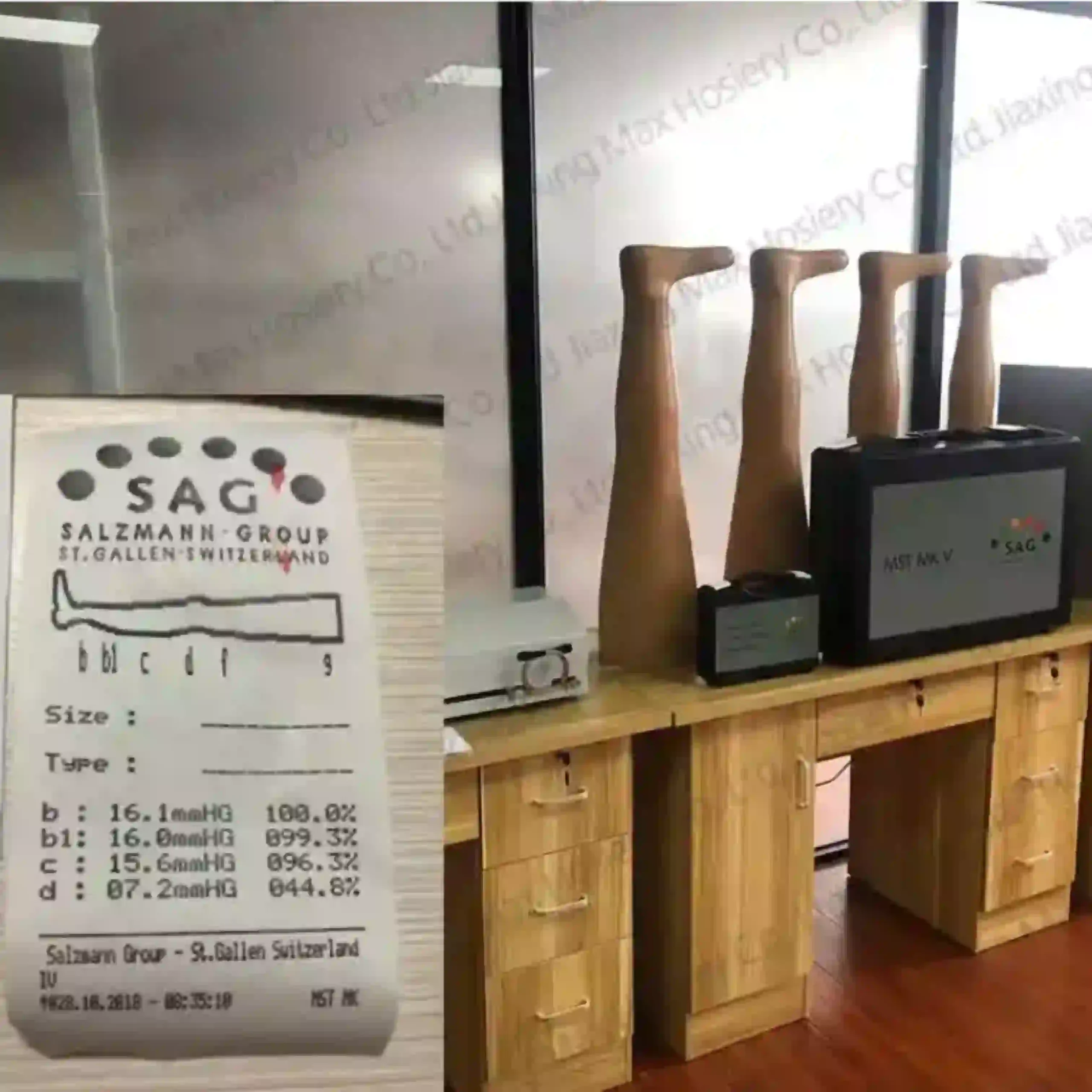 Swisslastic compression testing equipment with wooden leg molds and detailed pressure verification test report