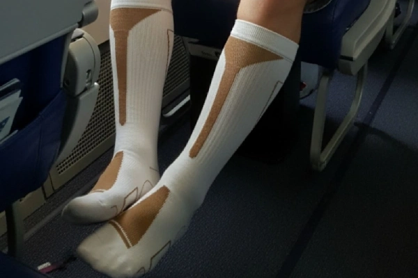 White copper compression socks worn by a passenger relaxing during an airplane flight
