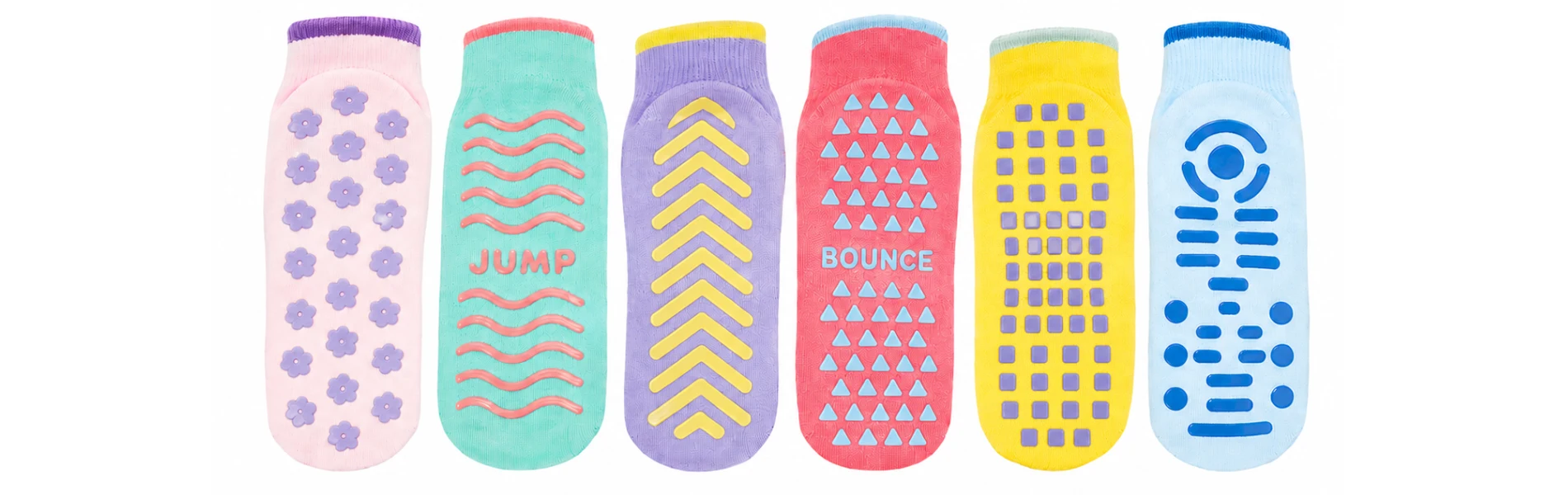 Custom trampoline grip socks showing various PVC and silicone non-slip sole coverage layouts