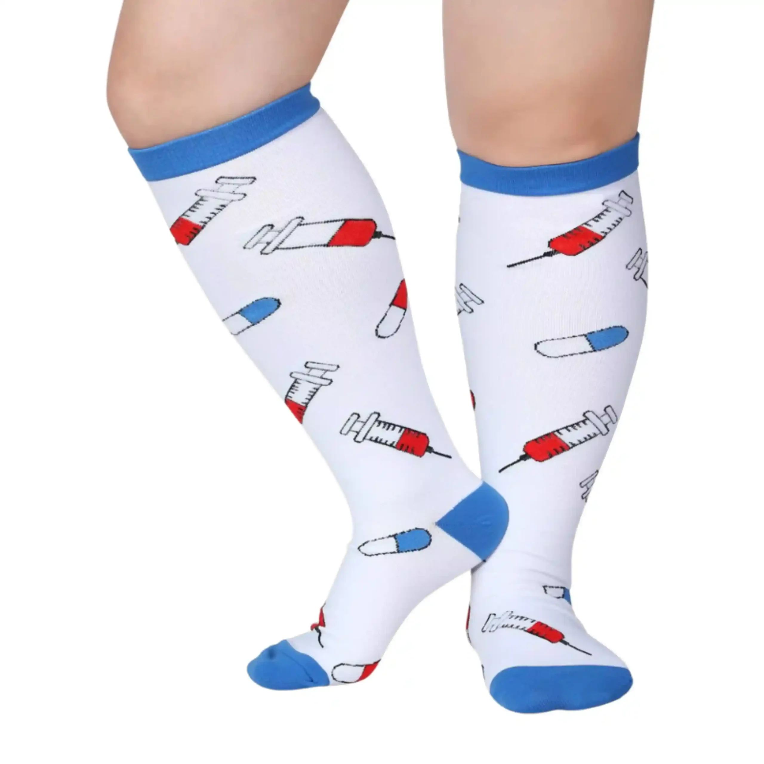 Plus Size Everyday Compression Socks with medical syringe and pill print