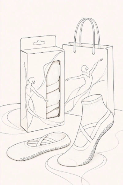 Private-label dance socks with branded retail packaging