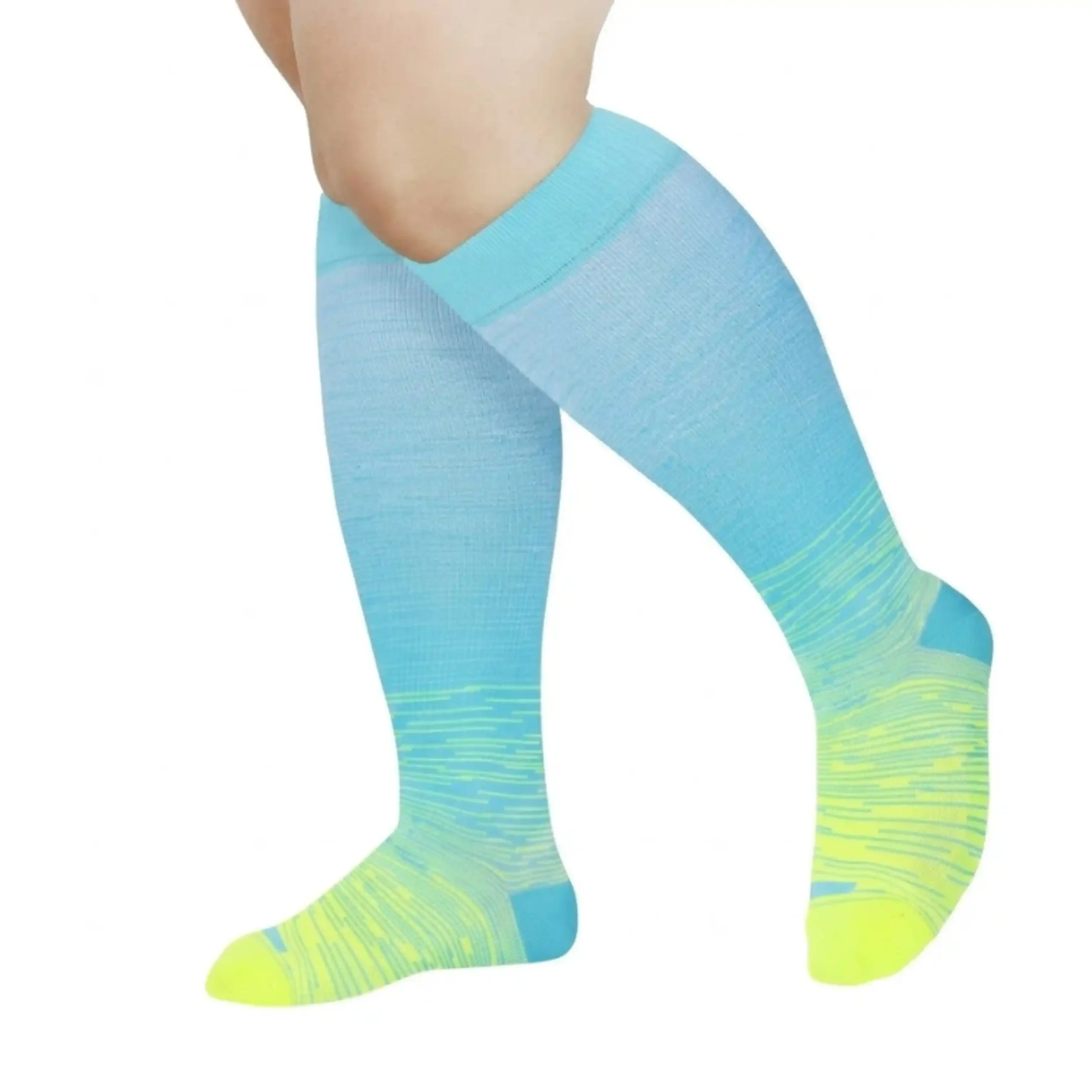 Wide Calf Knee-High Compression Socks in blue with striped feet