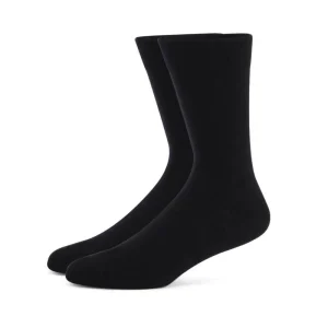 A pair of plain black cotton crew length dress socks side view