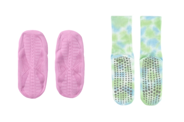Clear vs colored grip features on two different styles of yoga socks
