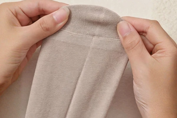 Close up view of beige sock toe showing seamless automatic linking toe closure