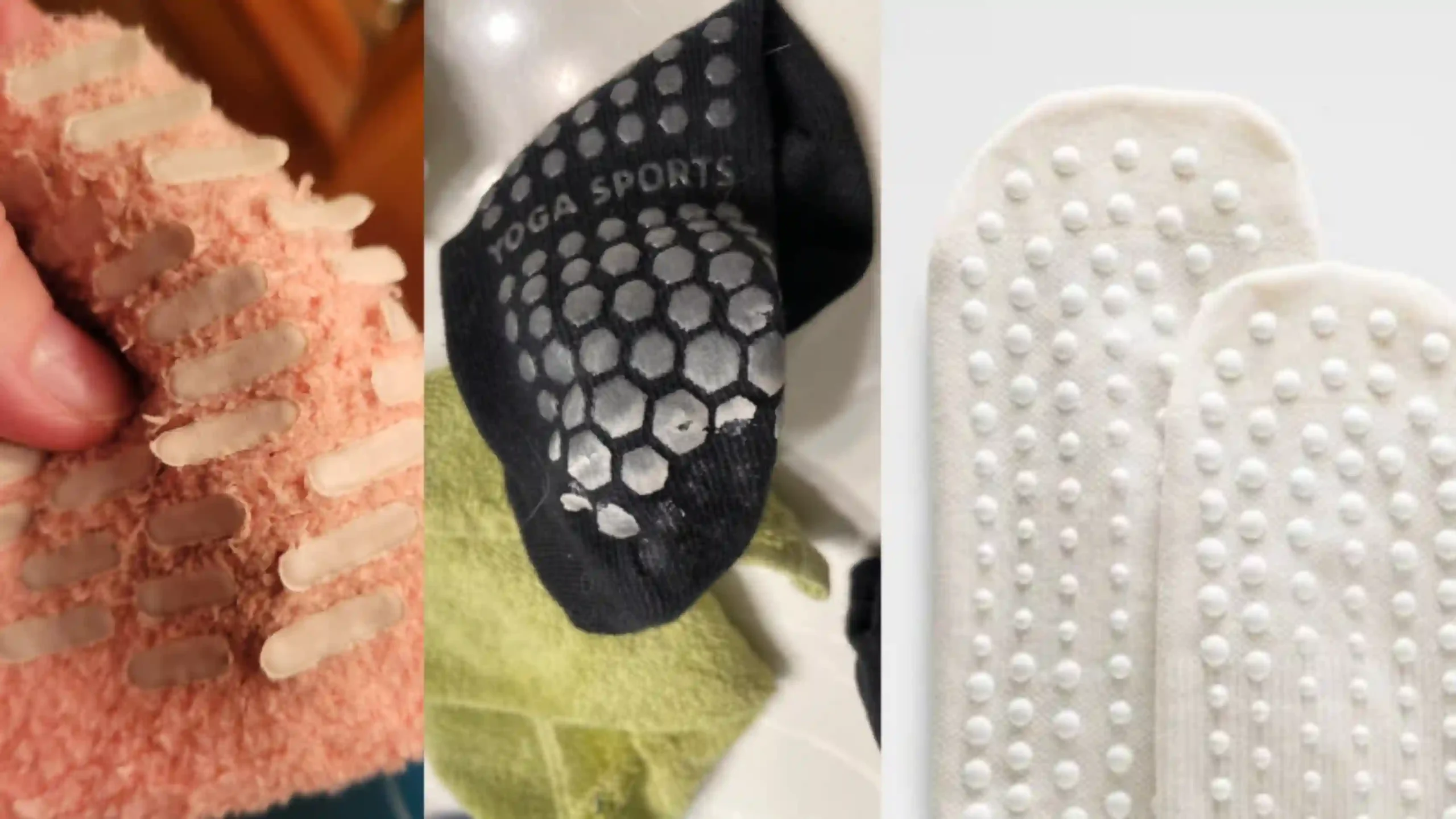 Comparison of peeling low-quality silicone dots and durable bonded grip sock printing