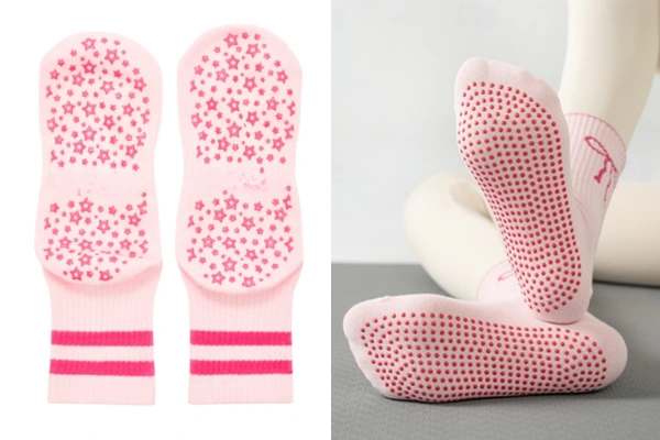 Design patterns vs round dots shown on the soles of two pink grip socks
