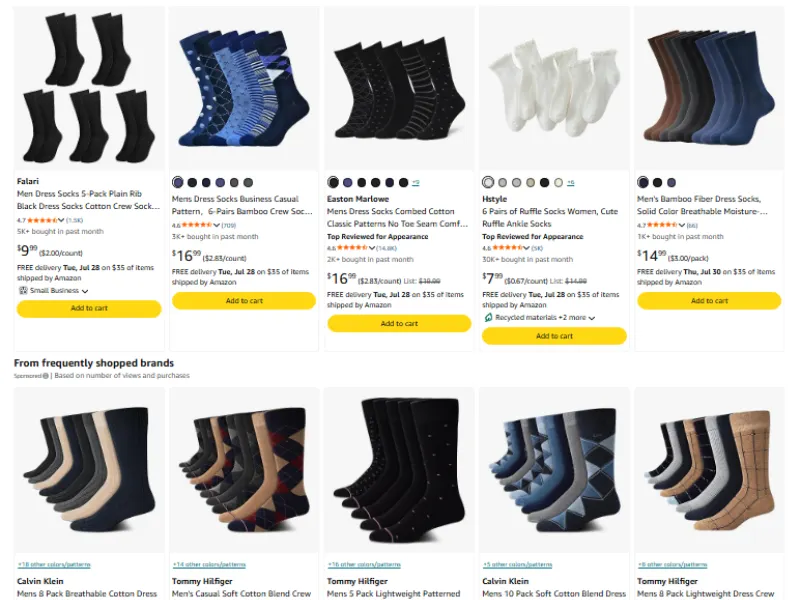 E-commerce product listings showcasing custom dress socks for private label e-commerce brands
