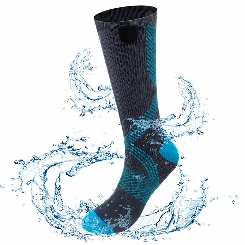 Grey waterproof boot socks with cyan accents and compression lines surrounded by water splashes