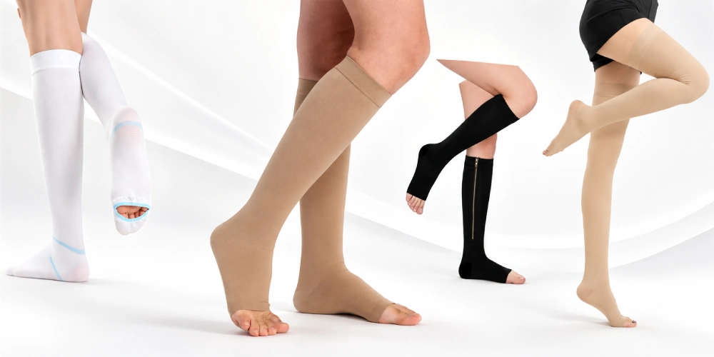 Medical compression socks collection with open-toe designs