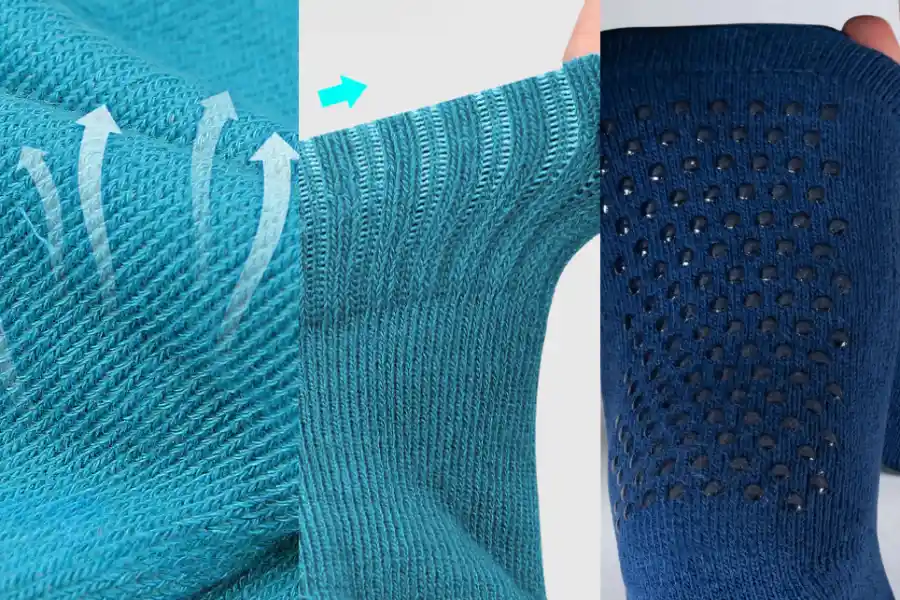 Performance toe socks showing breathable fabric stretch knit and non slip bottom grip dots