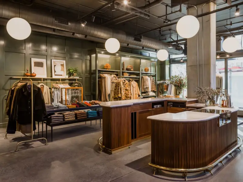 Stylish retail store interior featuring high-end dress socks for menswear brands on display racks