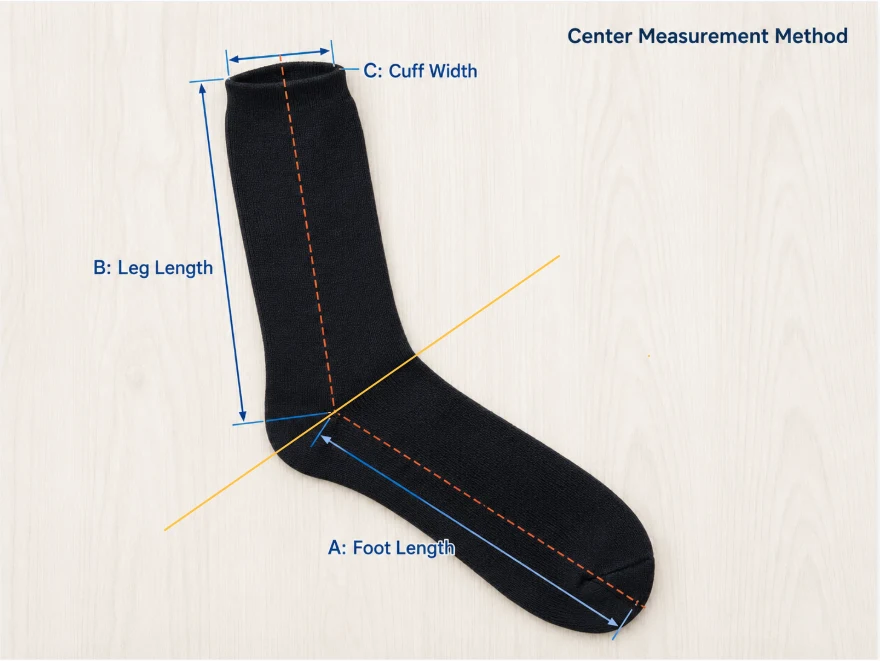 Finished sock measurement example showing foot length, leg length, and cuff width
