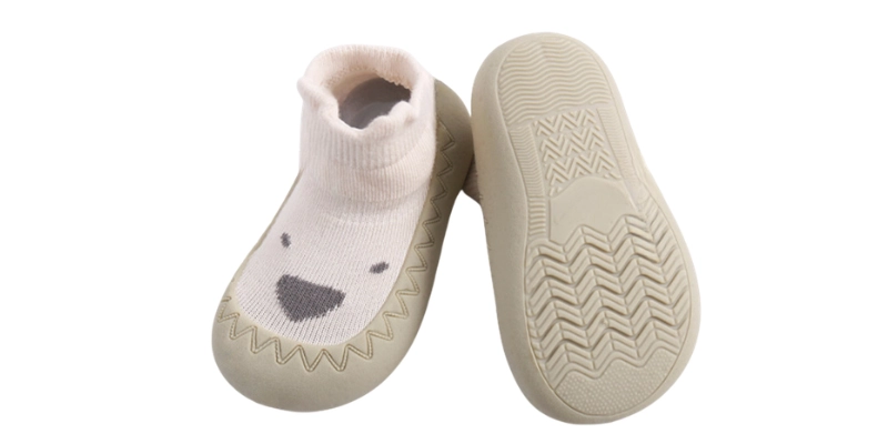 finished baby sock shoe with knitted bear upper and non slip rubber sole