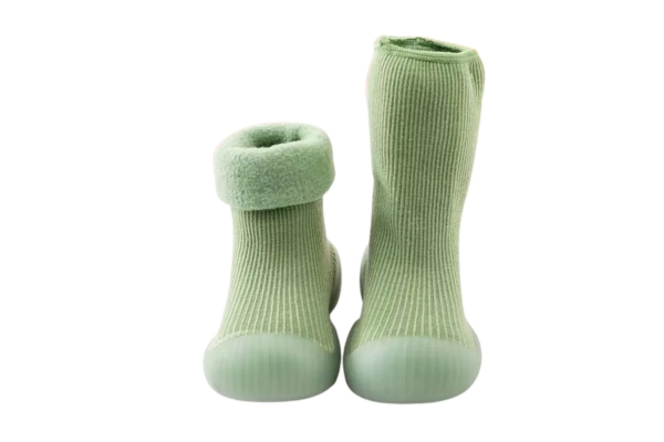 green ribbed toddler sock shoes with high cuff and raised toe heel coverage
