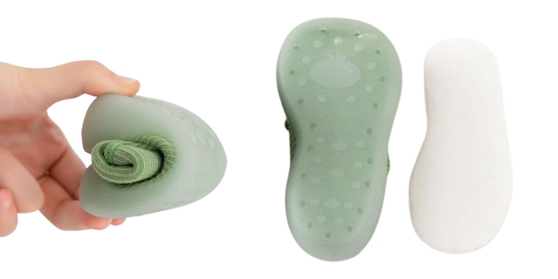 hand bending flexible green rubber sole of baby sock shoe with knitted base