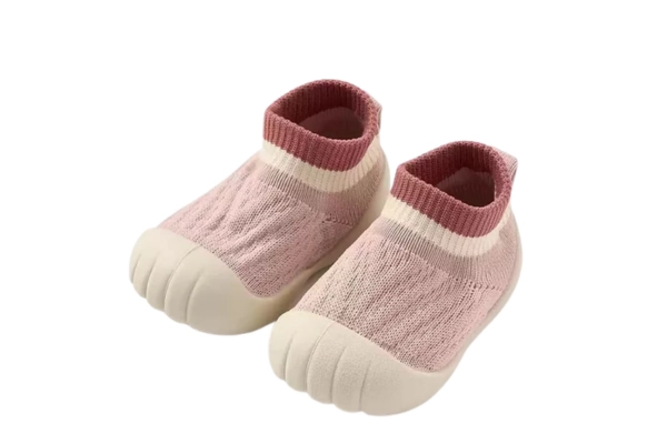 pink knit sock shoes with custom molded toe cap sole design
