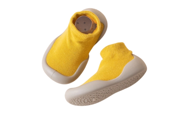 yellow wide toe baby sock shoes with roomy toe box and flexible sole
