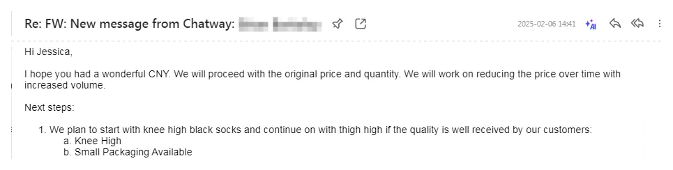 Buyer email confirming first order of black knee-high compression socks