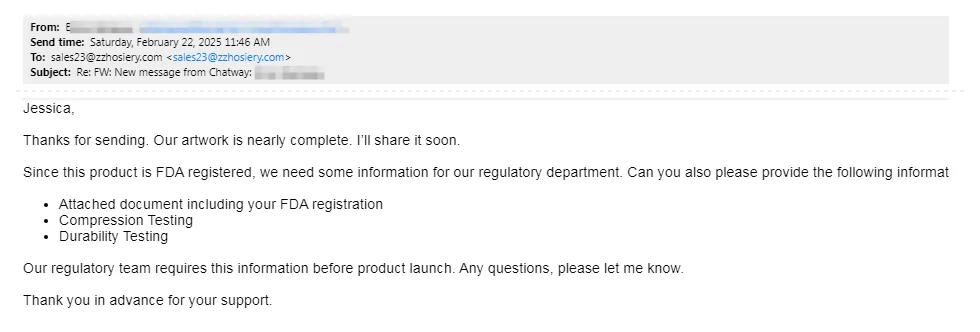 Buyer request for FDA registration, compression testing and durability information
