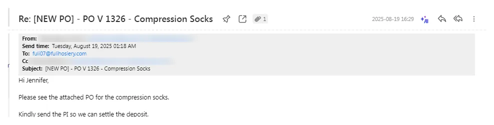 Repeat purchase order email for knee-high compression socks from U.S. buyer