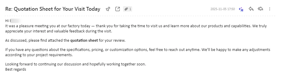 Follow-up quotation email after U.S. buyer visited the compression sock factory