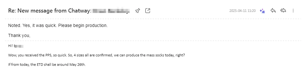 Buyer approves pre-production compression sock samples and releases bulk production