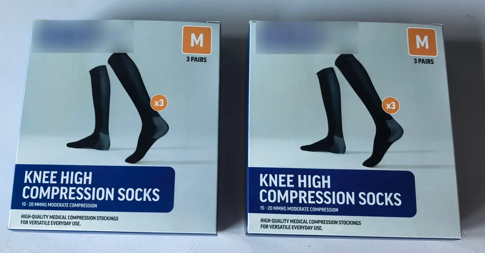 Private-label knee-high compression socks retail boxes, 3 pairs per box, 15-20 mmHg