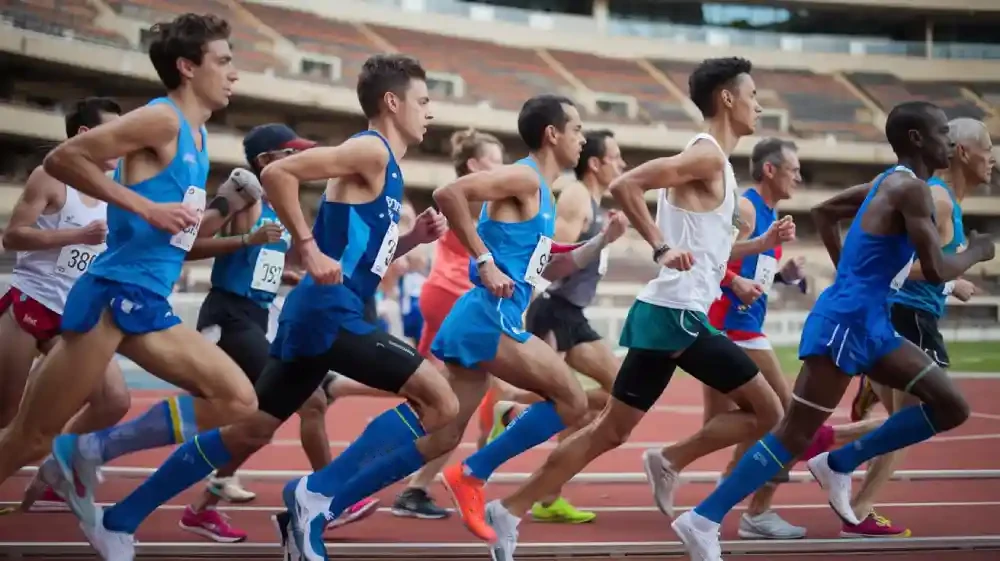 Runners on a track wearing blue knee-high compression socks